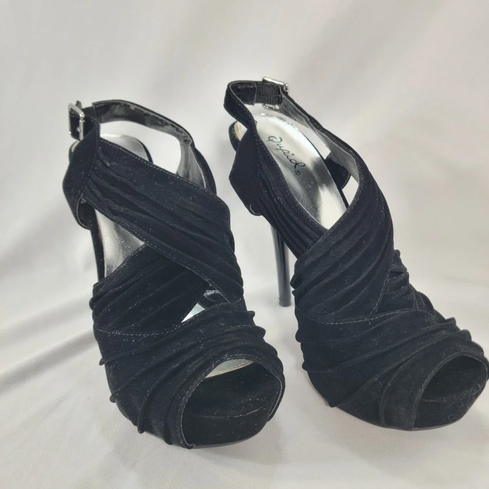 Qupid Slingback Platform Stiletto Heel Women 8 Black Ruched Suede Whimsigoth Y2K